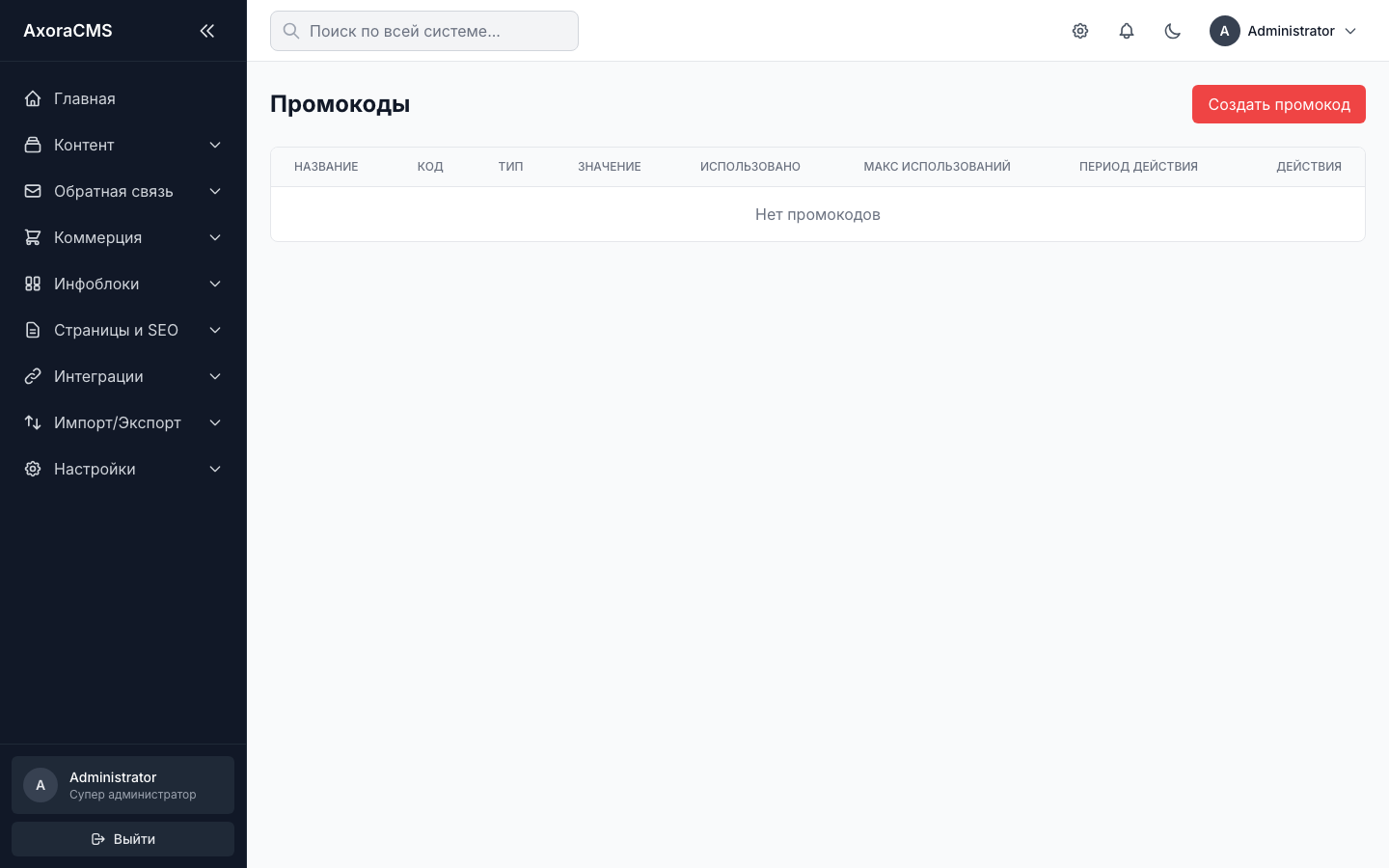 Список промокодов